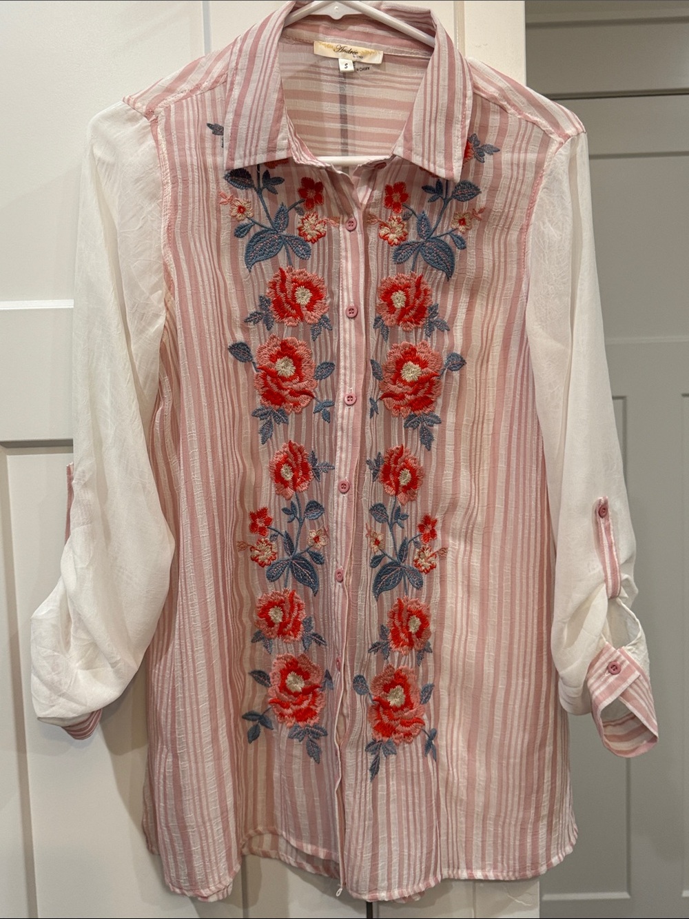 Andree Pink Striped Embroidered Button-Up Tunic
